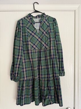 Green Plaid Tiered Long Sleeve Dress